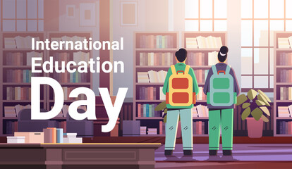couple of rear view students with backpacks in casual clothes standing together in library education day concept full length © mast3r