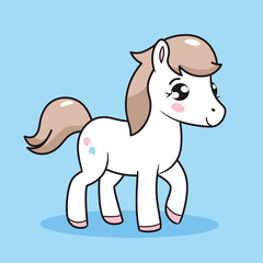 Cute cartoon white pony with brown mane on blue background. Smiling horse illustration for children's book. Charming pony drawing, kawaii style vector illustration.