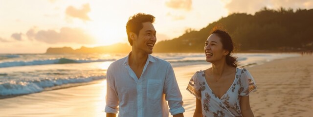 Asian Couple Enjoying Paradise Background Generative AI