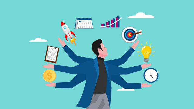 multitalented worker, multiple project management concept illustration, juggle multiple project concept, professional businessman manage multiple project at the some time vector illustration