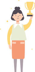 Happy woman holding a trophy aloft, celebrating success, winner concept, contemporary style. Achievement and competition theme vector illustration.