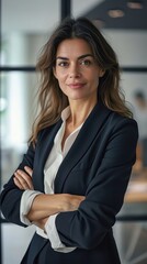 Naklejka premium Smiling confident Latin professional mid aged business woman in 40s, corporate leader, happy mature female executive, lady manager standing in office arms crossed looking at camera, Generative AI
