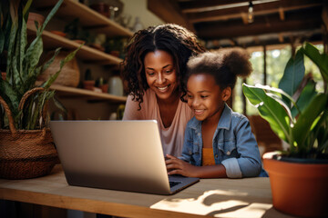 Happy African American Mother and Daughters Learning and Smiling Together Indoors, Reading and Bonding via Laptop - obrazy, fototapety, plakaty