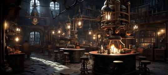 Enchanting steampunk laboratory  brass machinery, glowing concoctions, gears, stained glass - obrazy, fototapety, plakaty