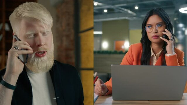 Annoyed angry millennial asian female calling young hipster boyfriend. Young woman working after-hours from office receiving call from concerned worried blonde guy. Deal with software problem on cell