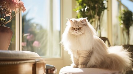 
Elegant scenes of a Persian cat during a grooming session, highlighting the luxurious coat and regal demeanor of the breed, 