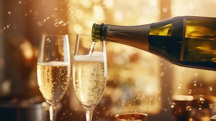 Elegant shots of a champagne bottle popping open and champagne being poured into flutes during a celebration, 