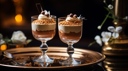 Obraz premium Elegant shots of chocolate mousse in decorative glasses, emphasizing the sophistication of this classic dessert,