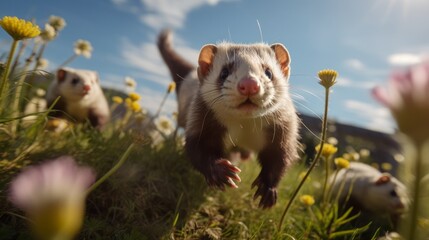 Energetic shots of ferrets playfully tumbling and exploring their environment, showcasing the lively and social nature of these small mammals