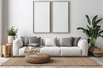 Modern Living Room Interior with Two Blank Frames for Art Display