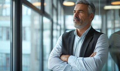 Fototapeta premium Happy mid aged older professional business man, mature latin executive manager, 50 years old investor standing in office arms crossed leaning at glass, Generative AI