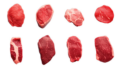 Collection of set different raw steaks isolated on transparent background. PNG file, cut out