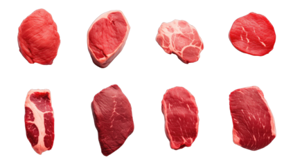 Collection of set different raw steaks isolated on transparent background. PNG file, cut out