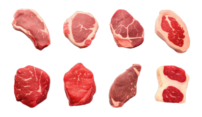 Collection of set different raw steaks isolated on transparent background. PNG file, cut out