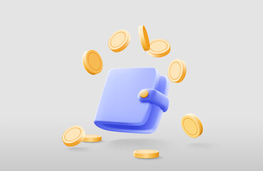 Money Saving icon concept. Finance Wallet, Golden coins floating around wallet on isolate yellow background, 3d vector illustration
