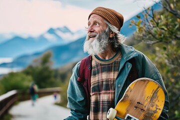 Active cool happy bearded old hipster man standing in nature park holding skateboard. Mature traveler skater enjoying freedom spirit and extreme sports hobby on mountains background, Generative AI - obrazy, fototapety, plakaty