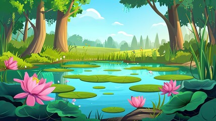 Naklejka premium Forest summer landscape with water lilies on lake surface. Cartoon vector jungle wetland scenery with green grass and bushes, tree trunks on shore of pond with pink lotus flowers and leaf pad