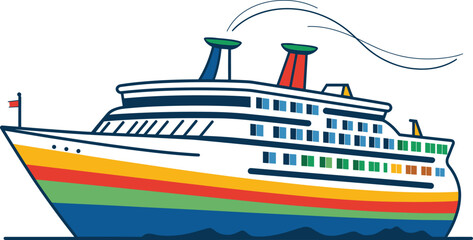Colorful cruise ship at sea with smokestacks. Ocean liner floating on water, profile view. Maritime travel and vacation concept vector illustration.