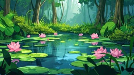 Forest summer landscape with water lilies on lake surface. Cartoon vector jungle wetland scenery with green grass and bushes, tree trunks on shore of pond with pink lotus flowers and leaf pad - obrazy, fototapety, plakaty