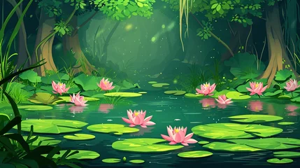 Foto op Canvas Forest summer landscape with water lilies on lake surface. Cartoon vector jungle wetland scenery with green grass and bushes, tree trunks on shore of pond with pink lotus flowers and leaf pad © Jennifer