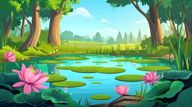 Forest summer landscape with water lilies on lake surface. Cartoon vector jungle wetland scenery with green grass and bushes, tree trunks on shore of pond with pink lotus flowers and leaf pad