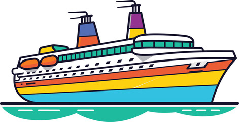 Colorful cruise ship on water with multiple decks and funnels. Ocean liner ready for a voyage illustration. Sea travel and vacation vector illustration.