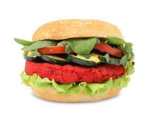 Tasty vegan burger with vegetables, patty and microgreens isolated on white