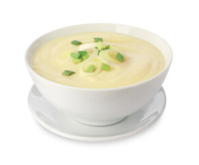 Bowl of tasty cream soup with cut leek isolated on white