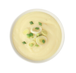 Bowl of tasty cream soup with cut leek isolated on white, top view