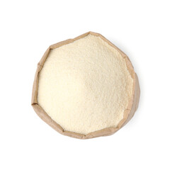 Paper bag with uncooked organic semolina isolated on white, top view