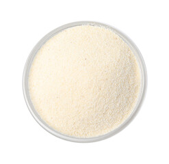 Bowl of uncooked organic semolina isolated on white, top view