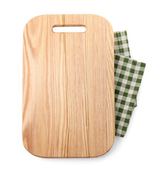 Wooden cutting board and checkered towel isolated on white, top view