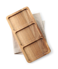 Wooden serving board and kitchen towel isolated on white, top view