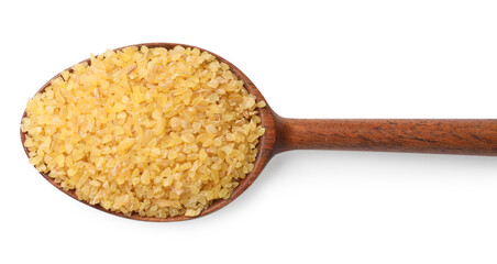Spoon with raw bulgur isolated on white, top view