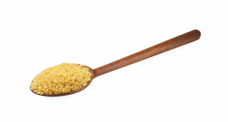 Spoon with raw bulgur isolated on white