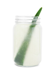 Fresh aloe juice in jar with leaf isolated on white