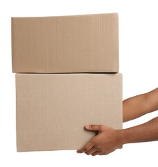 Courier with parcels on white background, closeup