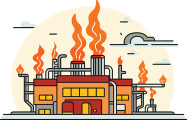 Industrial factory with orange buildings and multiple smokestacks emitting flames. Simplified colorful plant with pipes and industrial vibes. Pollution and energy production vector illustration.
