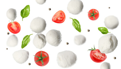 Mozzarella balls, tomatoes, basil leaves and peppercorns falling on white background