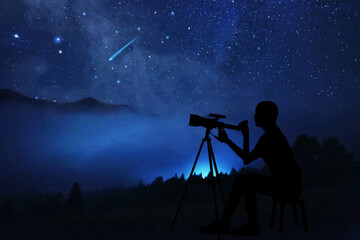 Silhouette of astronomer with telescope at starry night outdoors. Space for text