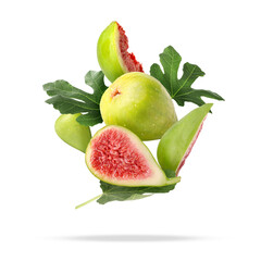 Ripe figs and green leaves falling on white background