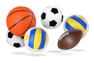 Many balls for different sports flying on white background