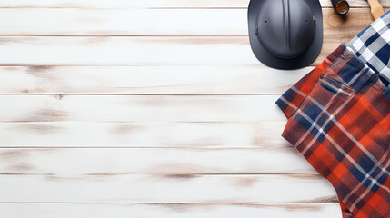 flat lay accessories tools and clothing for worker on white wooden table.