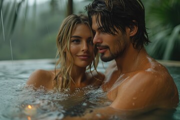 Seductive Serenity: A Couple in a Tropical Resort Pool, Capturing Passion, Valentine's Day, Honeymoon - A Blend of Seduction and Relaxation in an Ambiance of Exclusive Tranquility.

