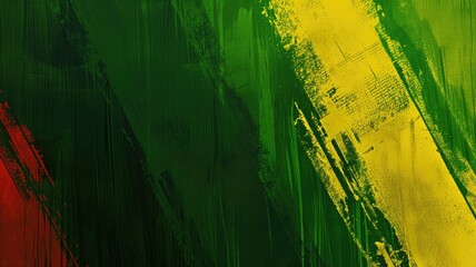 Textured abstract in red, green, and yellow with bold brushstrokes
