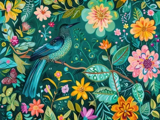 Möbelaufkleber Poetic Classic and Hand Painted Retro Vintage Style Fine Art canvas for wallpaper and background with Colorful Peacocks, birds, Flowers and plants, Nature-inspired and floral botanical, ornamental © AIPERA