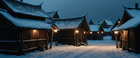 9th century Northern Europe Viking tribes in winter. Council hall. shrine barrel wooden fence. Small huts. stables . street. square location in the center of the tribe, surrounding wooden houses. AI - obrazy, fototapety, plakaty