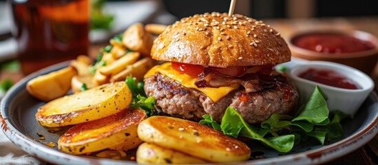 Delicious meat burger with potatoes and salad on a plate.