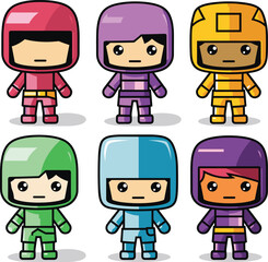 Six cute cartoon characters in colorful costumes resembling mini astronauts or robots. Playful and fun tiny space heroes design. Cosmic adventure and futuristic imagination vector illustration.