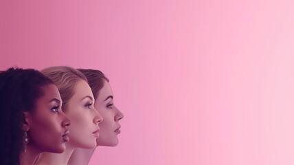 Profile views of diverse women on pink gradient